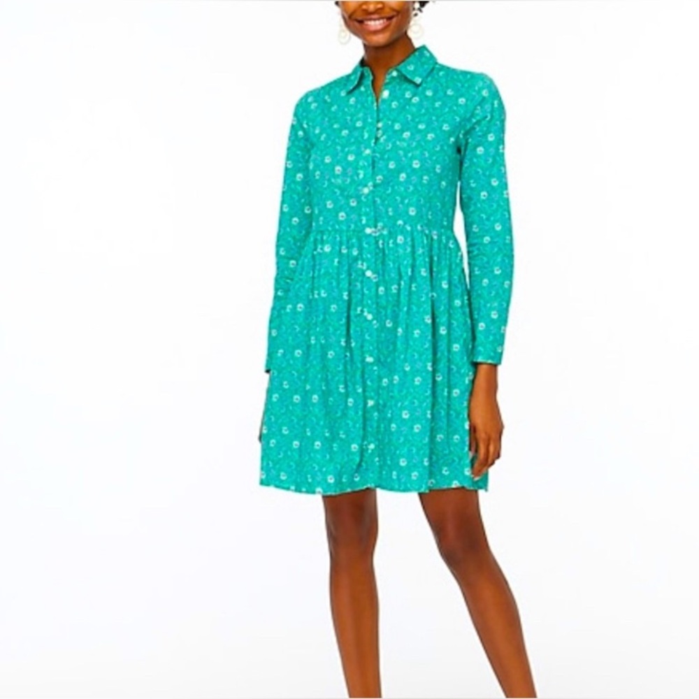 J.Crew Emerald Printed Cotton Mini Shirt Dress (10)